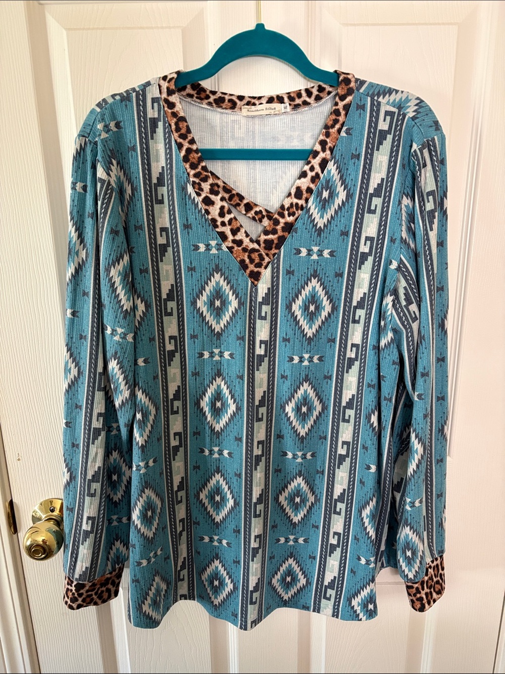 Teal Aztec-Print Long Sleeve V-Neck Top with Leopard Trim